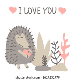 Cute hedgehog holding a pink heart. Hand lettering I love you, Cartoon animal in Scandinavian style. Hand drawn vector illustration. Can be used for postcards, printing t-shirts, mugs, posters.
