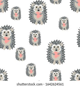 Cute hedgehog holding a pink heart. Seamless pattern. Cartoon animal in flat style. Hand drawn vector background.