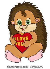 Cute hedgehog holding a red heart with the words I love you. Postcard to the Valentine's Day and Mother's Day