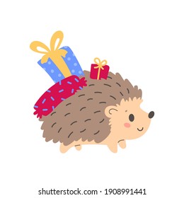 Cute hedgehog holding wrapped gift boxes. Design for t shirt print, greeting card, poster. Hand drawn vector illustration.
