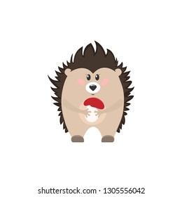 Cute hedgehog holds in paws mushroom. Cartoon character isolated on white background. Vector illustration.                                                          