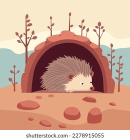 Cute hedgehog in a hole made of wood in the forest vector cartoon flat Illustration