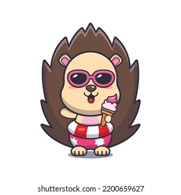 Cute hedgehog with ice cream on beach cartoon illustration.