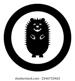 Cute hedgehog icon in circle round black color vector illustration image solid outline style