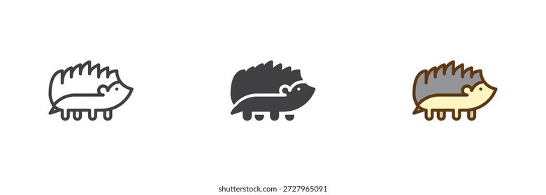 Cute hedgehog icon set in line, solid and filled outline colorful style. Autumn forest animal icon, color vector sign and symbol.