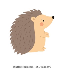 Cute hedgehog isolated on white background. Cartoon standing hedgehog character. Forest animal. Vector flat illustration