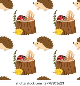 Cute hedgehog and ladybug seamless pattern, vector cartoon forest stump with mushrooms and autumn leaves.