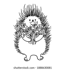 Cute hedgehog with a large bouquet of flowers in doodle style. Valentine's Day. Print for coloring, postcards, t-shirts, cups, children's clothing and books. Vector illustration.