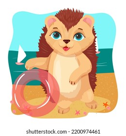A cute hedgehog is learning to swim. Summer fun on the beach. Cheerful porcupine. Vector illustration on a white background.