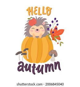 Cute hedgehog with leaves, mushrooms and pumpkin. Lettering - hello autumn. Vector garphic on a white background. For the design of postcards, posters, prints for mugs, t-shirts, notebook covers.