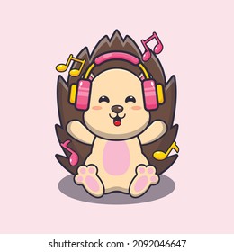 Cute hedgehog listening music with headphone. Cute cartoon animal illustration.