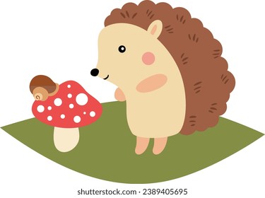 Cute hedgehog looking for a snail on top of mushroom