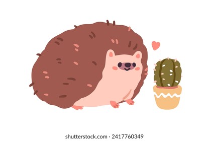 Cute hedgehog in love with cactus. Funny animal alike, similar to plant with needles. Happy adorable kawaii comic forest character. Childrens flat vector illustration isolated on white background