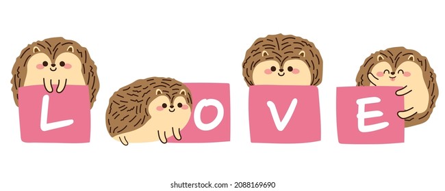 Cute hedgehog with love text on pink box cartoon background.Animal character design.Hand drawn.Image for card,poster,banner,sticker.Kid graphic.Isolated.Art.Kawaii.Vector.Illustration.