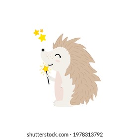 Cute hedgehog with a magic wand on a white background, Scandinavian style, children's illustration. The drawing is isolated. Vector illustration.