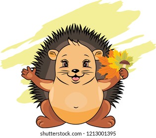 Cute hedgehog with maple leaves and mushroom. Vector