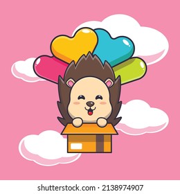 cute hedgehog mascot cartoon character fly with balloon