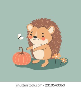 Cute hedgehog in a meadow with a pumpkin and flowers, cartoon character.