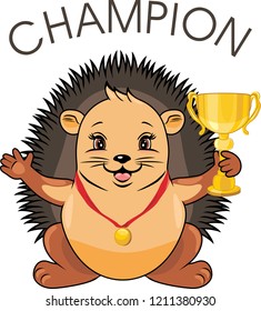 Cute hedgehog with a medal and a champion goblet. Vector