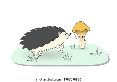 Cute hedgehog meets Chanterelle mushroom