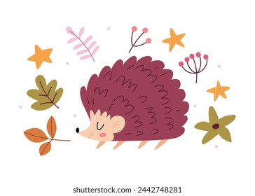 A cute hedgehog in the middle of autumn leaves. A minimalistic character in a hand drawn style.