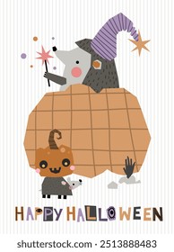 Cute hedgehog mouse jack o lantern pumpkin vector halloween ghost tombstone cartoon character greeting postcard