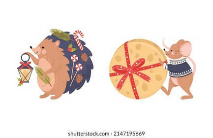 Cute Hedgehog and Mouse as New Year Character Carrying Lantern and Pushing Cheese Vector Set