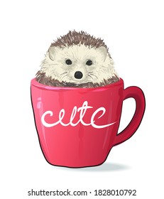 Cute hedgehog in a mug. Cartoon vector illustration.