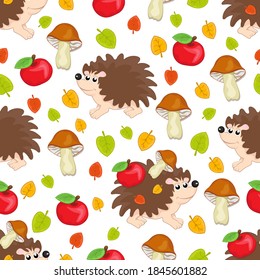 Cute hedgehog, multicolored apples and mushrooms seamless pattern, cartoon hand drawing, colorful autumn background. For design of children's prints, fabric, bright wallpapers. Vector illustration
