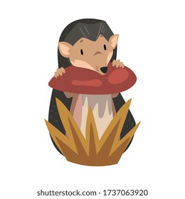 Cute Hedgehog with Mushroom, Adorable Prickly Wild Forest Animal Cartoon Character Vector Illustration