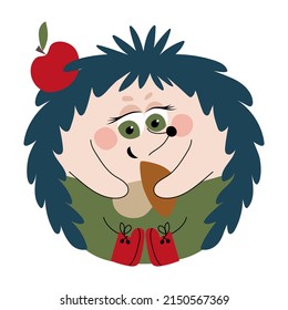 Cute hedgehog with mushroom and apple. Vector hand-drawn character. Baby shower cards. Children's printed T-shirt, postcard, poster for decorating the children's room.