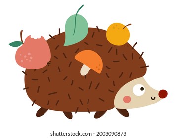 Cute hedgehog with mushroom, apples, leaf on prickles. Vector autumn character isolated on white background. Fall season woodland animal icon.  Funny forest or Thanksgiving Day illustration