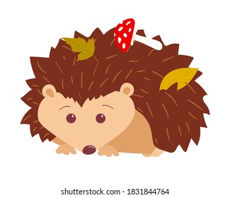 Cute hedgehog with mushroom and autumn leaves on his back.. Cartoon style. Vector illustration