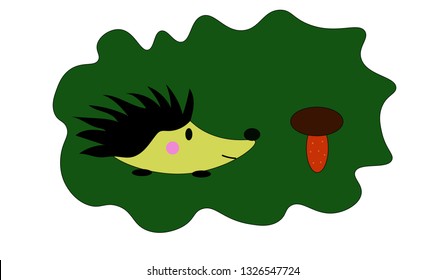 Cute hedgehog with mushroom at green background