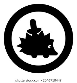 Cute hedgehog with mushroom icon in circle round black color vector illustration image solid outline style