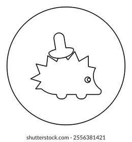 Cute hedgehog with mushroom icon in circle round black color vector illustration image outline contour line thin style