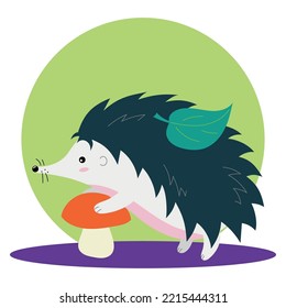 Cute hedgehog with a mushroom and a leaf in needles. Vector illustration of an animal in the forest isolated on a white background. For nursery design, alphabet, educational games and classes