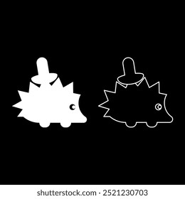 Cute hedgehog with mushroom set icon white color vector illustration image solid fill outline contour line thin flat style