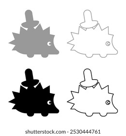 Cute hedgehog with mushroom set icon grey black color vector illustration image solid fill outline contour line thin flat style