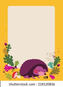 Cute Hedgehog with mushrooms blank placard. Children Sport isolated objects on green background. Great illustration for a school books and more. VECTOR. Editorial. Education. Advertising. Board.