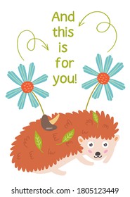 Cute hedgehog with mushrooms and leaves. Positive children greeting card. Vector illustration