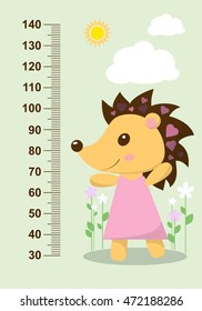 Cute hedgehog on the background of flowers meter wall from 30 to 140 centimeter. Vector illustration
