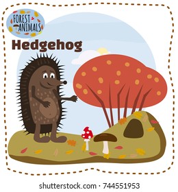 Cute hedgehog, on a background of a landscape with elements of forest, trees, forest animals, cartoon style, banner, vector, illustration