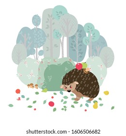 Cute hedgehog on the background of plants. Hand drawn illustration in scandinavian style. Vector