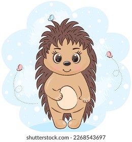 cute hedgehog on a blue background with butterflies