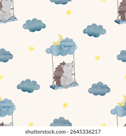 Ouriço bonito em balanço padrão sem costura. Ilustração em aquarela vetorial com ouriços de desenho animado, lua e estrelas. Design de chuveiro de bebê
