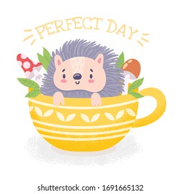 Cute hedgehog in ornamental cup on white background. Perfect day. Funny animal in mug. Kids print. Cartoon vector illustration