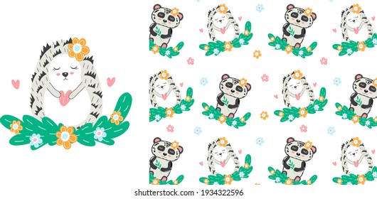 Cute hedgehog and panda with flowers. Set of vector seamless patterns and illustrations. Nursery print. Vector hand drawn childish illustration