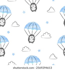 Cute hedgehog with parachute seamless pattern. Vector illustration