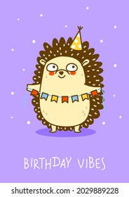 Cute hedgehog with party flags - cartoon character for Your happy Birthday design
